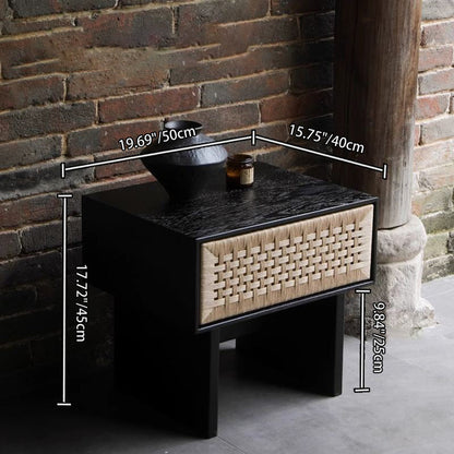Traditional Vintage Rectangle Rubberwood Rattan Weaving Nightstand 1-Drawer For Bedroom