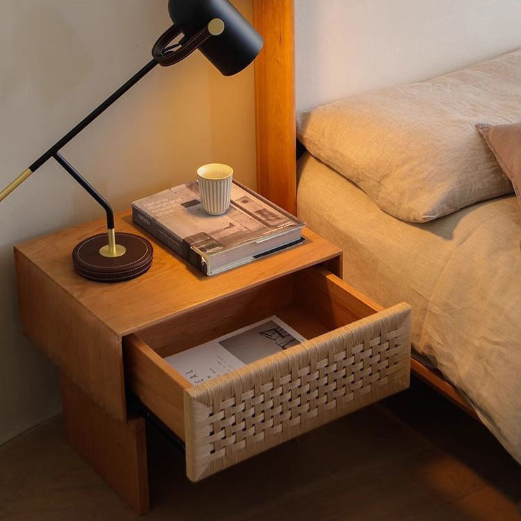 Traditional Vintage Rectangle Rubberwood Rattan Weaving Nightstand 1-Drawer For Bedroom