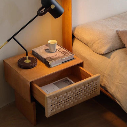 Traditional Vintage Rectangle Rubberwood Rattan Weaving Nightstand 1-Drawer For Bedroom