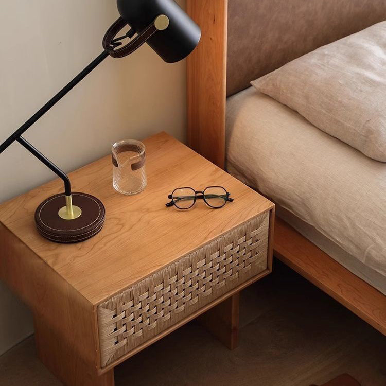 Traditional Vintage Rectangle Rubberwood Rattan Weaving Nightstand 1-Drawer For Bedroom