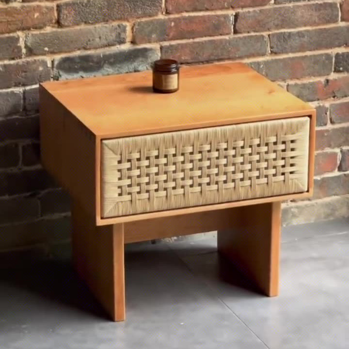 Traditional Vintage Rectangle Rubberwood Rattan Weaving Nightstand 1-Drawer For Bedroom