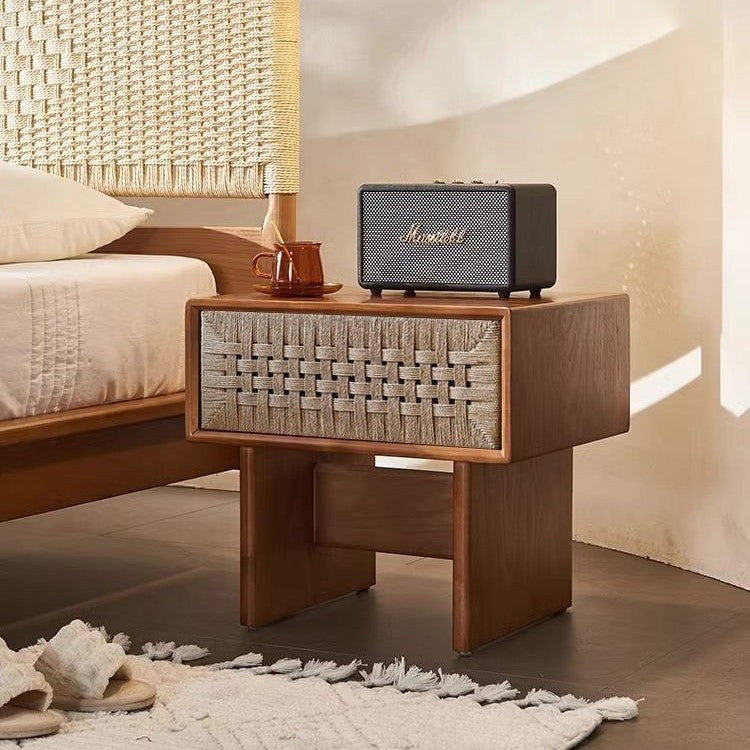 Traditional Vintage Rectangle Rubberwood Rattan Weaving Nightstand 1-Drawer For Bedroom
