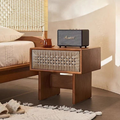 Traditional Vintage Rectangle Rubberwood Rattan Weaving Nightstand 1-Drawer For Bedroom