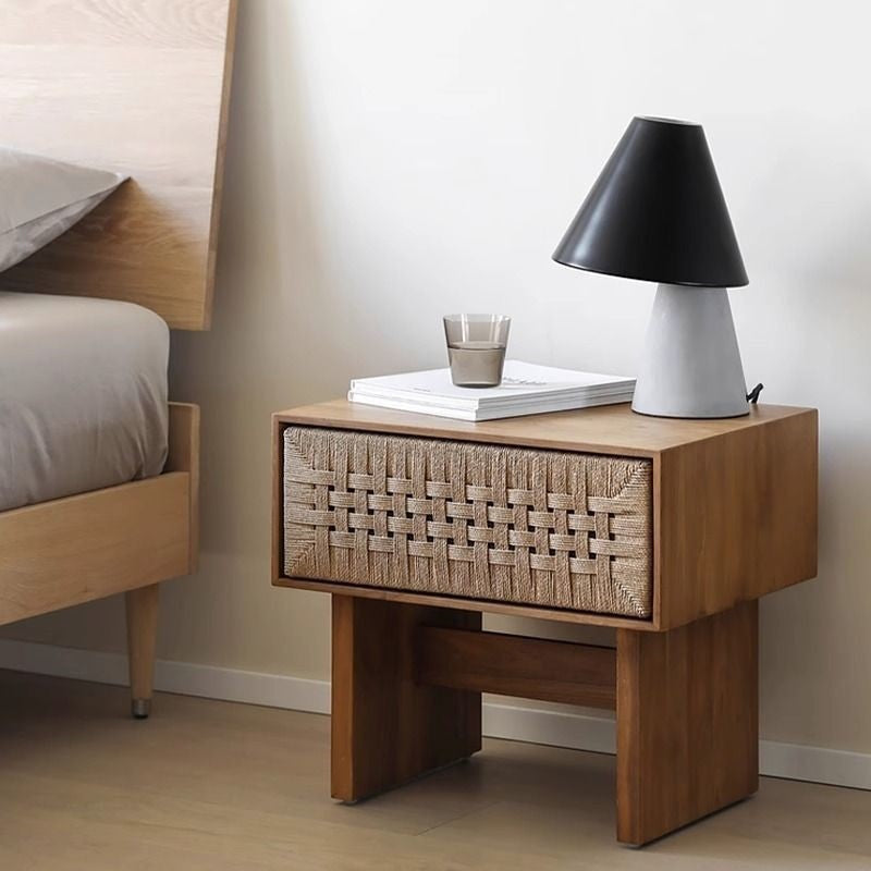Traditional Vintage Rectangle Rubberwood Rattan Weaving Nightstand 1-Drawer For Bedroom