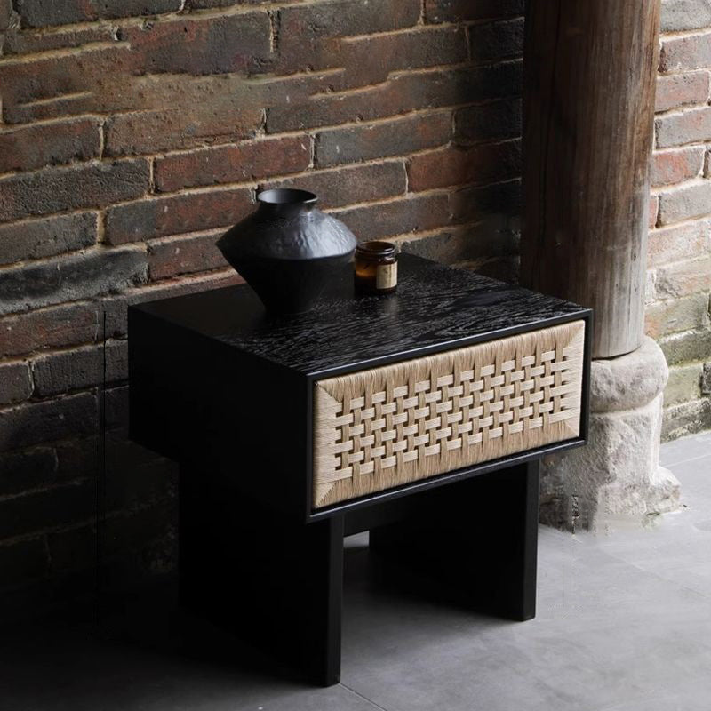 Traditional Vintage Rectangle Rubberwood Rattan Weaving Nightstand 1-Drawer For Bedroom