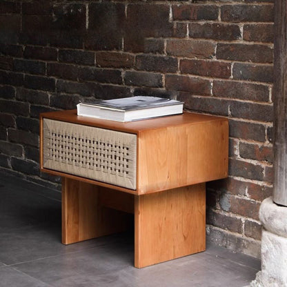 Traditional Vintage Rectangle Rubberwood Rattan Weaving Nightstand 1-Drawer For Bedroom