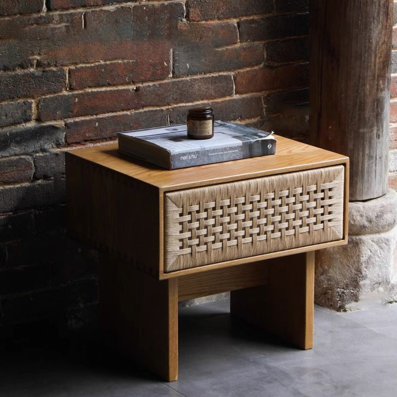 Traditional Vintage Rectangle Rubberwood Rattan Weaving Nightstand 1-Drawer For Bedroom