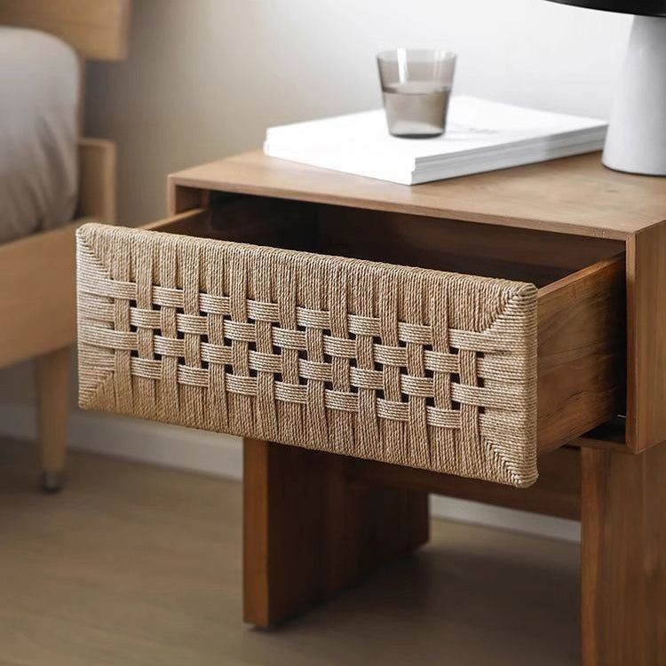 Traditional Vintage Rectangle Rubberwood Rattan Weaving Nightstand 1-Drawer For Bedroom