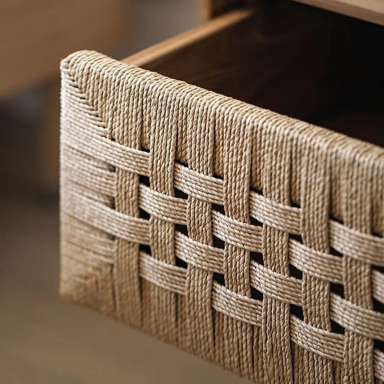 Traditional Vintage Rectangle Rubberwood Rattan Weaving Nightstand 1-Drawer For Bedroom