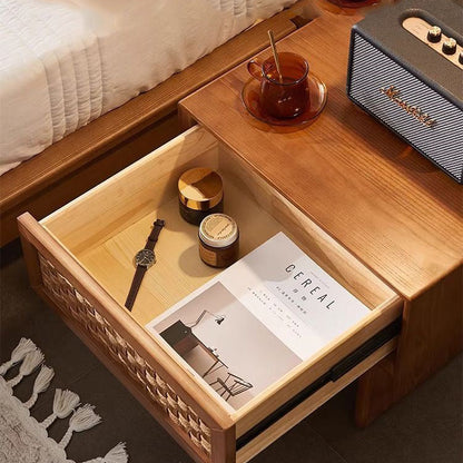 Traditional Vintage Rectangle Rubberwood Rattan Weaving Nightstand 1-Drawer For Bedroom