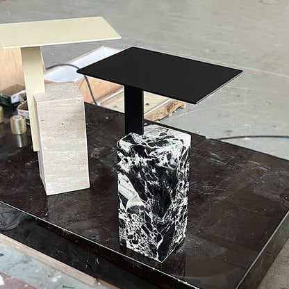 Contemporary Creative Square Carbon Steel Travertine Side Table 1-Tier For Living Room