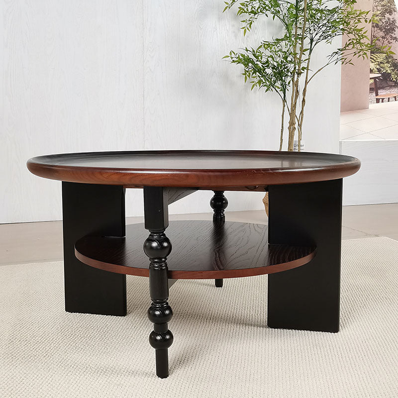 Traditional Vintage Round Rubberwood Coffee Table 2-Tier For Living Room