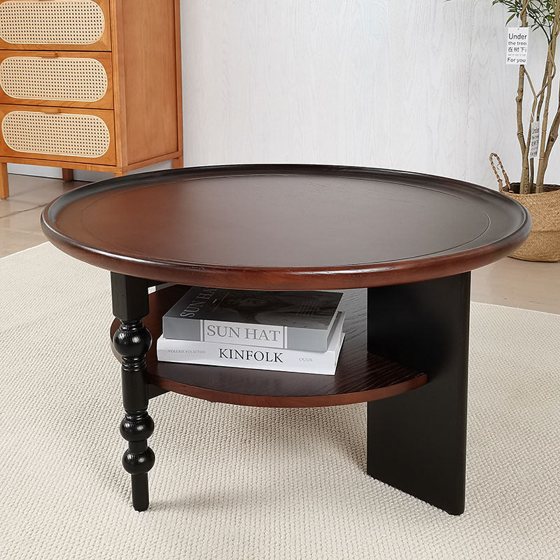 Traditional Vintage Round Rubberwood Coffee Table 2-Tier For Living Room