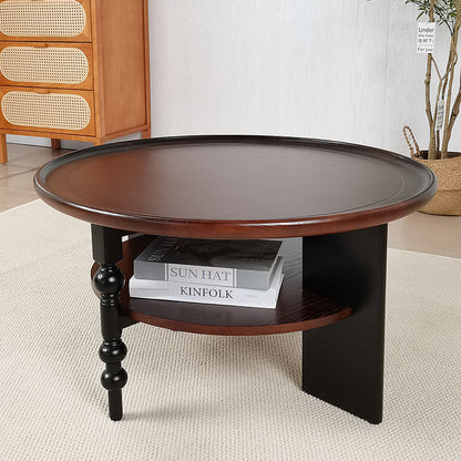Traditional Vintage Round Rubberwood Coffee Table 2-Tier For Living Room