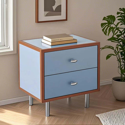 Contemporary Scandinavian Rectangular Crabapple Solid Wood Multi-layer Board Zinc Alloy Nightstand 2-Drawer For Bedroom