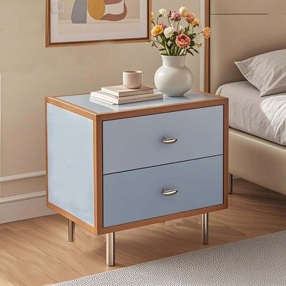 Contemporary Scandinavian Rectangular Crabapple Solid Wood Multi-layer Board Zinc Alloy Nightstand 2-Drawer For Bedroom