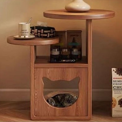Contemporary Creative Round Cat Beds Pine Wood Nightstand 3-Tier For Bedroom