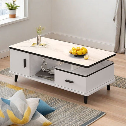 Contemporary Scandinavian Rectangle MDF Glass Low Coffee Table 1-Drawer For Living Room