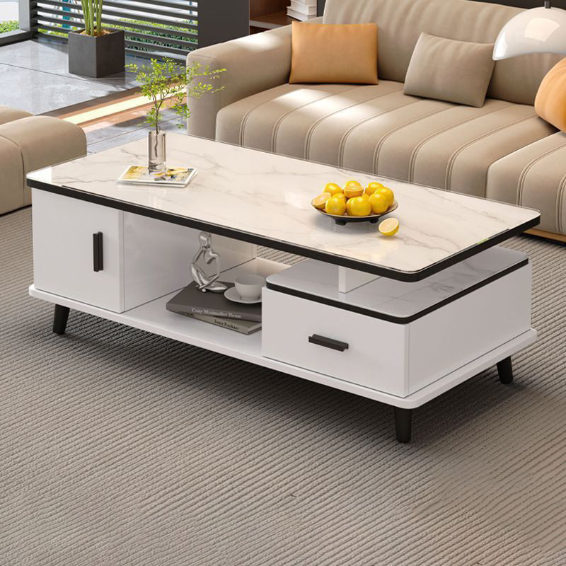Contemporary Scandinavian Rectangle MDF Glass Low Coffee Table 1-Drawer For Living Room