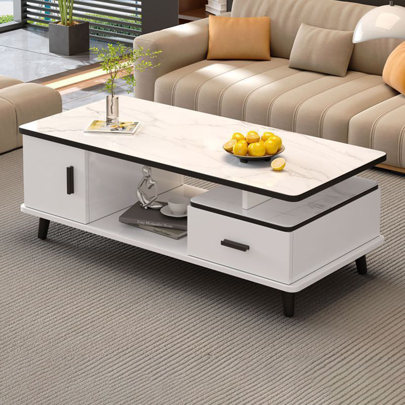 Contemporary Scandinavian Rectangle MDF Glass Low Coffee Table 1-Drawer For Living Room