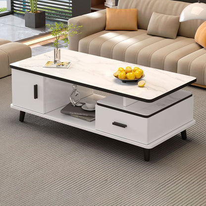 Contemporary Scandinavian Rectangle MDF Glass Low Coffee Table 1-Drawer For Living Room