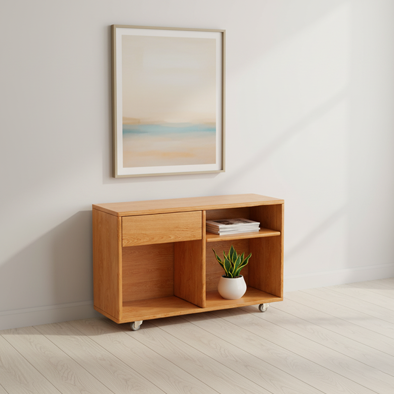 Modern Minimalist Rectangular Solid Wood Movable Side Table 1-Drawer For Living Room