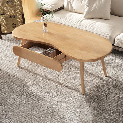 Modern Minimalist Cashew Shaped Rubberwood Coffee Table 1-Drawer For Living Room