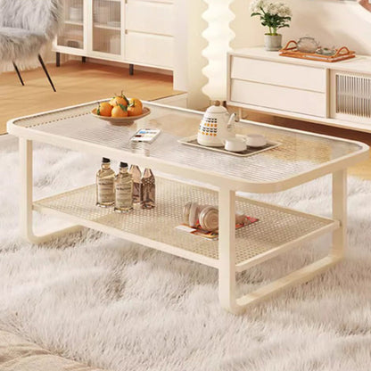 Modern Minimalist Rectangular Glass Metal Coffee Table 2-Tier For Living Room