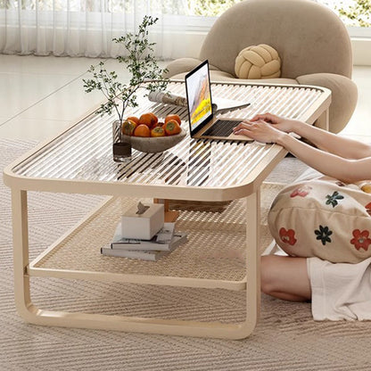 Modern Minimalist Rectangular Glass Metal Coffee Table 2-Tier For Living Room
