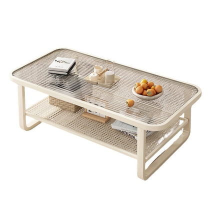 Modern Minimalist Rectangular Glass Metal Coffee Table 2-Tier For Living Room
