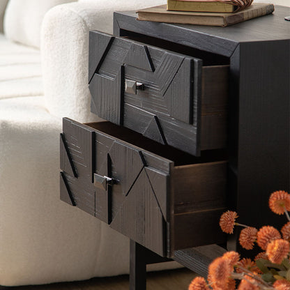 Modern Art Deco Square Fir Wood MDF Iron Nightstand 2-Drawer For Bedroom