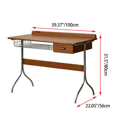 Traditional Vintage Rectangular Pine Wood Stainless Steel Desks 1-Drawer For Home Office