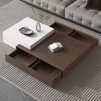 Modern Minimalist Rectangle Sintered Stone Solid Wood Multi-layer Board Coffee Table 4-Drawer For Living Room