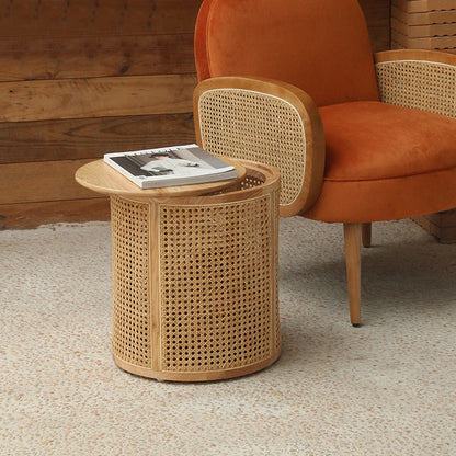Modern Minimalist Round Solid Wood Multi-layer Board Rattan Weaving Storage End Table 1-Tier For Living Room