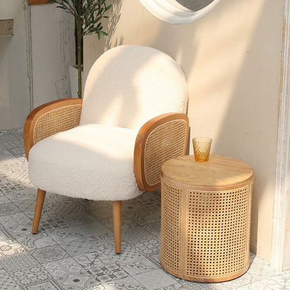 Modern Minimalist Round Solid Wood Multi-layer Board Rattan Weaving Storage End Table 1-Tier For Living Room