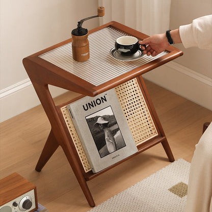 Modern Minimalist Square Glass Ash Wood Cherry Wood Rattan Weaving Side Table 1-Tier For Living Room