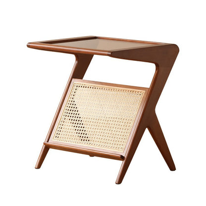 Modern Minimalist Square Glass Ash Wood Cherry Wood Rattan Weaving Side Table 1-Tier For Living Room