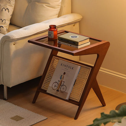 Modern Minimalist Square Glass Ash Wood Cherry Wood Rattan Weaving Side Table 1-Tier For Living Room