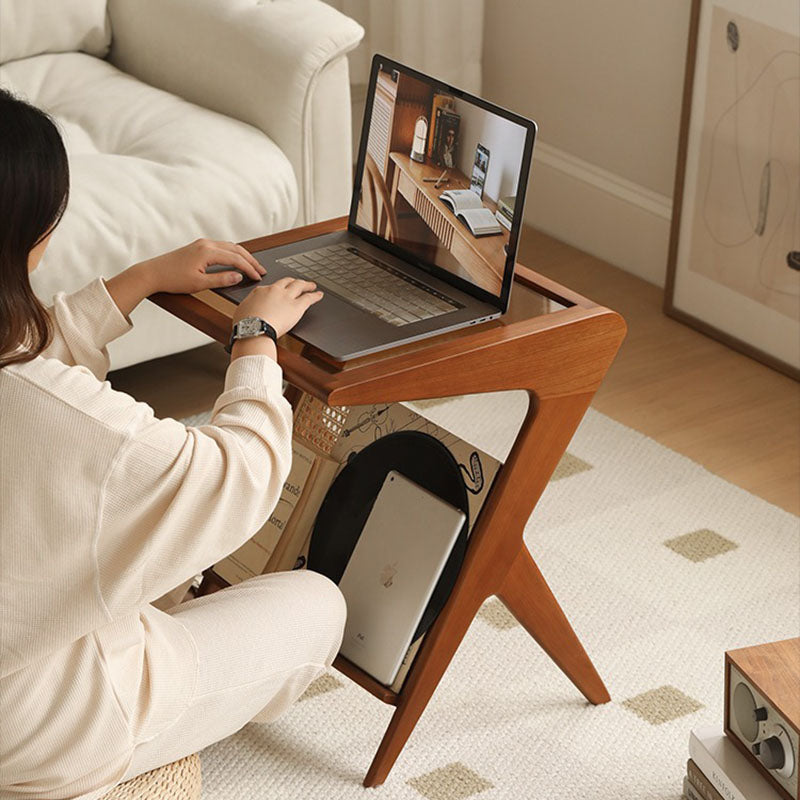 Modern Minimalist Square Glass Ash Wood Cherry Wood Rattan Weaving Side Table 1-Tier For Living Room