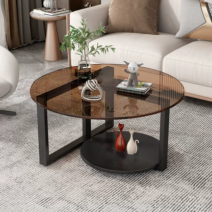 Contemporary Scandinavian Round Sintered Stone Glass Carbon Steel Coffee Table 2-Tier For Living Room