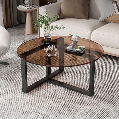 Contemporary Scandinavian Round Sintered Stone Glass Carbon Steel Coffee Table 2-Tier For Living Room