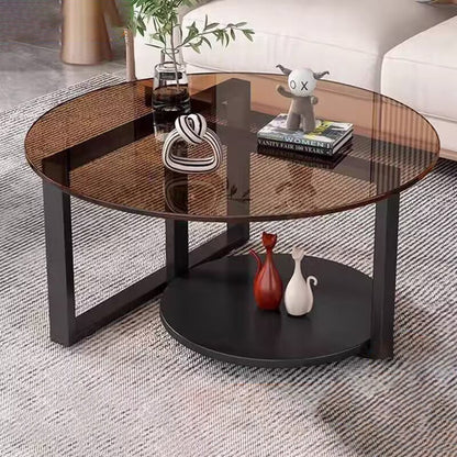 Contemporary Scandinavian Round Sintered Stone Glass Carbon Steel Coffee Table 2-Tier For Living Room