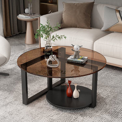 Contemporary Scandinavian Round Sintered Stone Glass Carbon Steel Coffee Table 2-Tier For Living Room