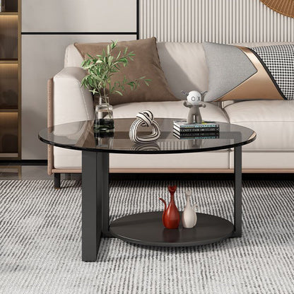 Contemporary Scandinavian Round Sintered Stone Glass Carbon Steel Coffee Table 2-Tier For Living Room