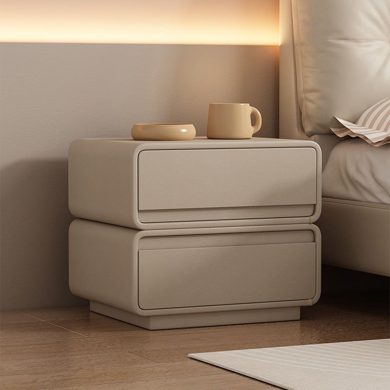 Modern Minimalist Square Solid Wood Multi-layer Board Microfiber Leather Nightstand 2-Drawer For Bedroom