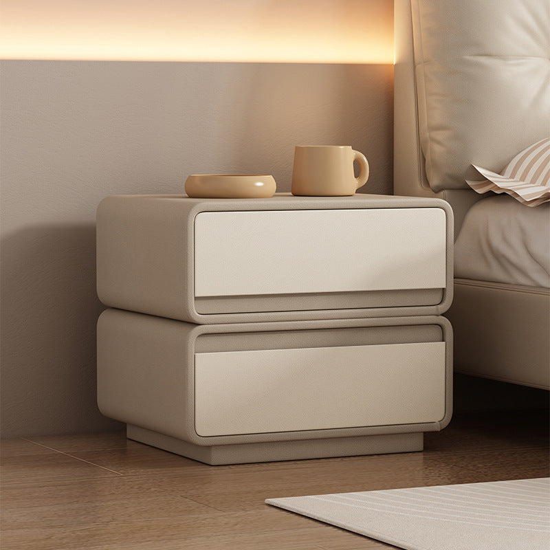 Modern Minimalist Square Solid Wood Multi-layer Board Microfiber Leather Nightstand 2-Drawer For Bedroom