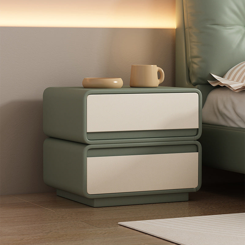 Modern Minimalist Square Solid Wood Multi-layer Board Microfiber Leather Nightstand 2-Drawer For Bedroom