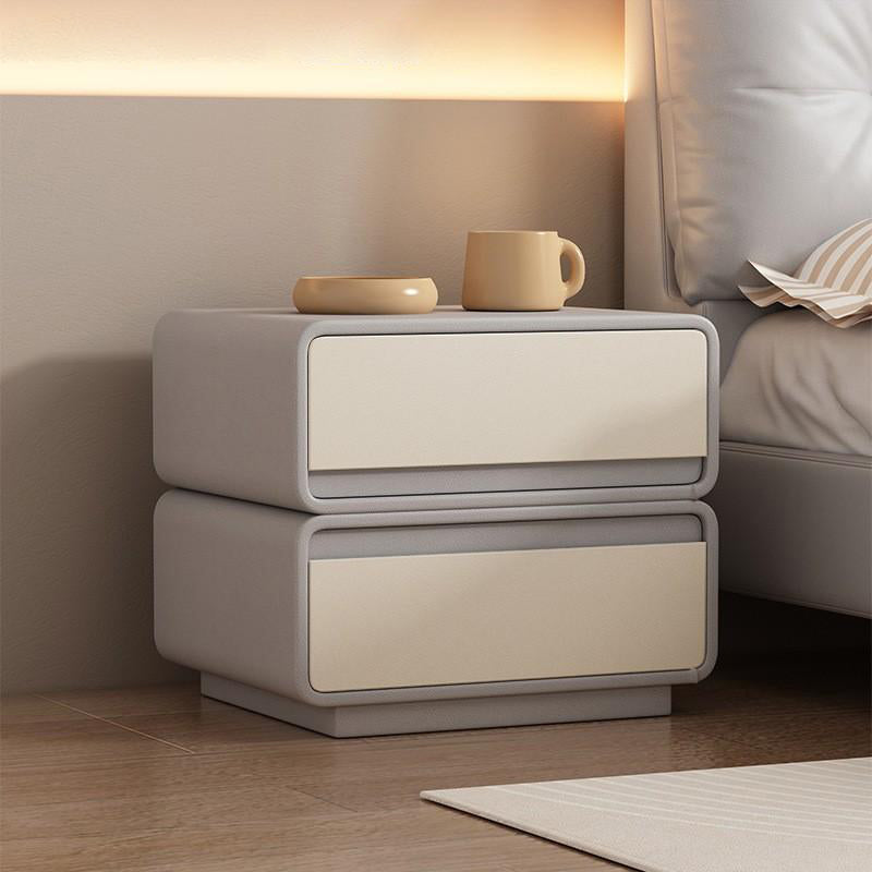 Modern Minimalist Square Solid Wood Multi-layer Board Microfiber Leather Nightstand 2-Drawer For Bedroom