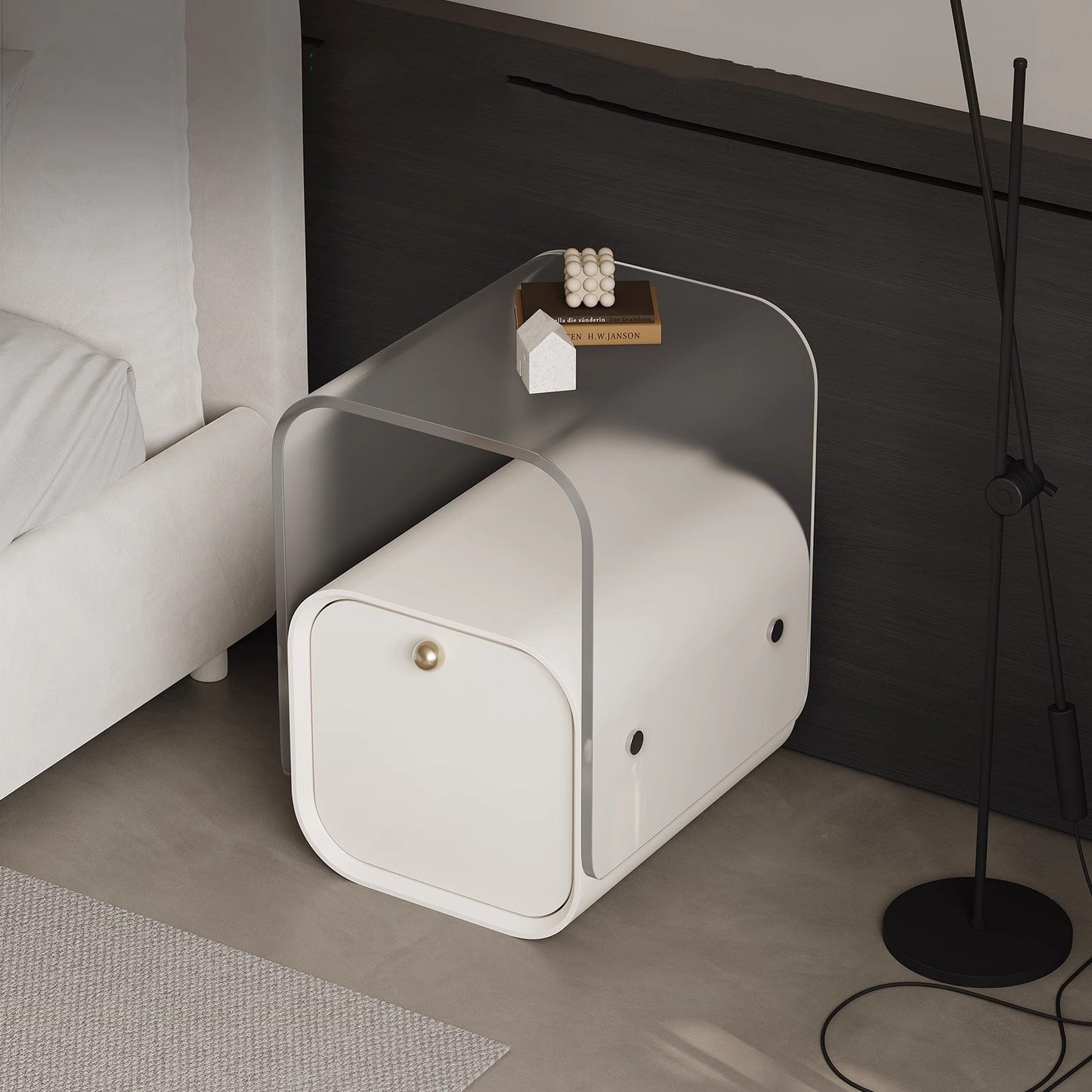 Modern Minimalist Square Acrylic Solid Wood Multi-layer Board Nightstand 1-Drawer For Bedroom
