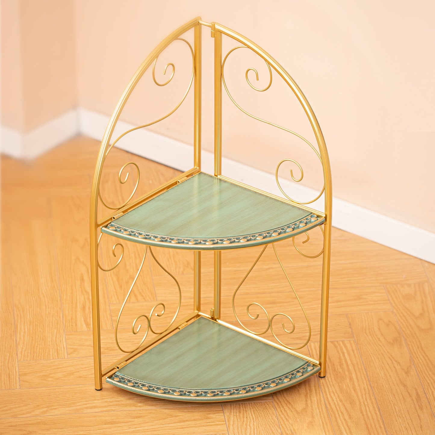 Traditional Vintage Triangular MDF Iron Foldable Side Table 2-Tier For Living Room